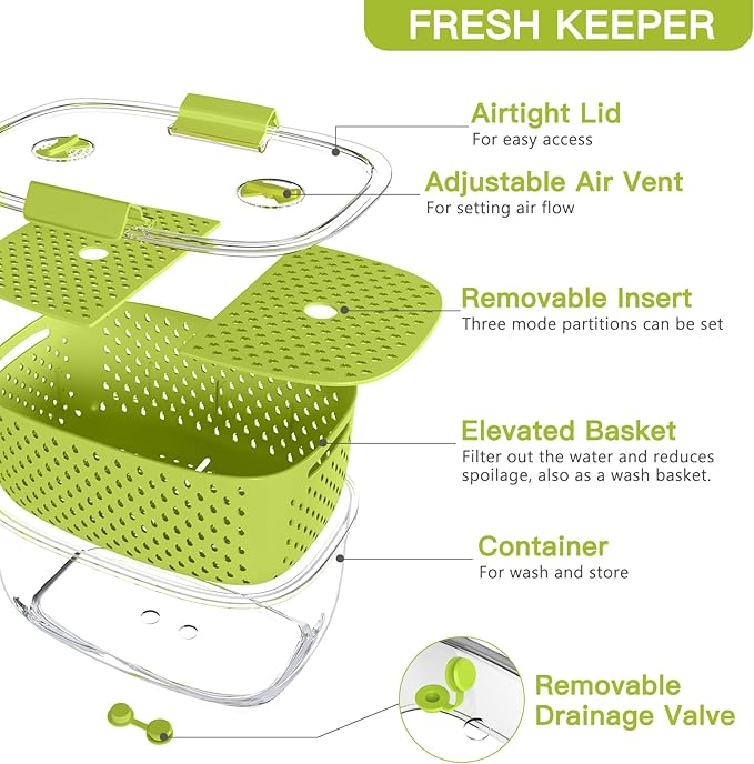 LUXEAR Fresh Produce Vegetable Fruit Storage Containers 3Piece Set, BPA-free Fridge Storage Container, Partitioned Salad Container, Fridge Organizers, Used in Storing Fruits Vegetables, Green