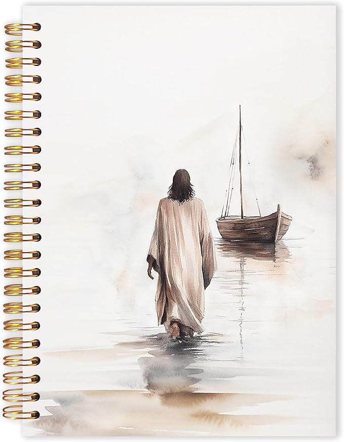Qabliqo Watercolor Christian Jesus Spiral Notebooks, Jesus Walking on Water Journals for Writing, Prayer Journal, Christian Gifts for Women Men, Religious Notebook for Note Taking, 5.5x8.3 Inch