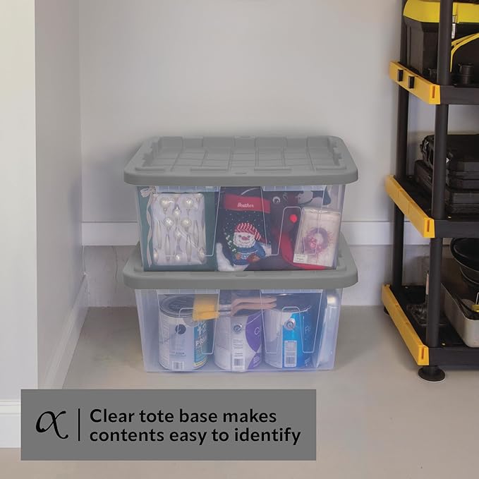 CX BLACK & YELLOW, 27-Gallon Heavy Duty Clear Storage Container & Snap-Tight Lid, Clear & Grey (14.3H x 20.6W x 30.6D), Weather-Resistant, Stackable, See-Through Organization Tote [2 Pack]