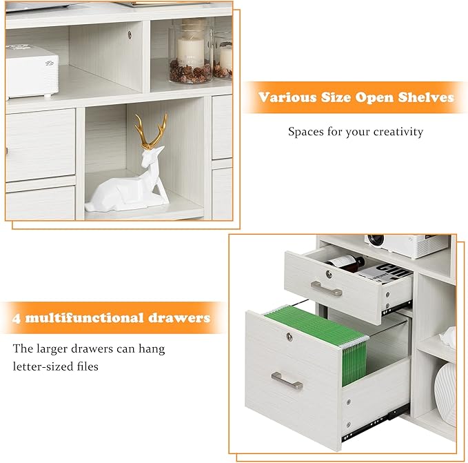 VINGLI Wood Mobile File Cabinet with 4 Drawers and Shelves, Printer Stand with Open Storage, Lockable Lateral Filing Cabinet for Home Office, Assembly Required, Light Beige Close to White