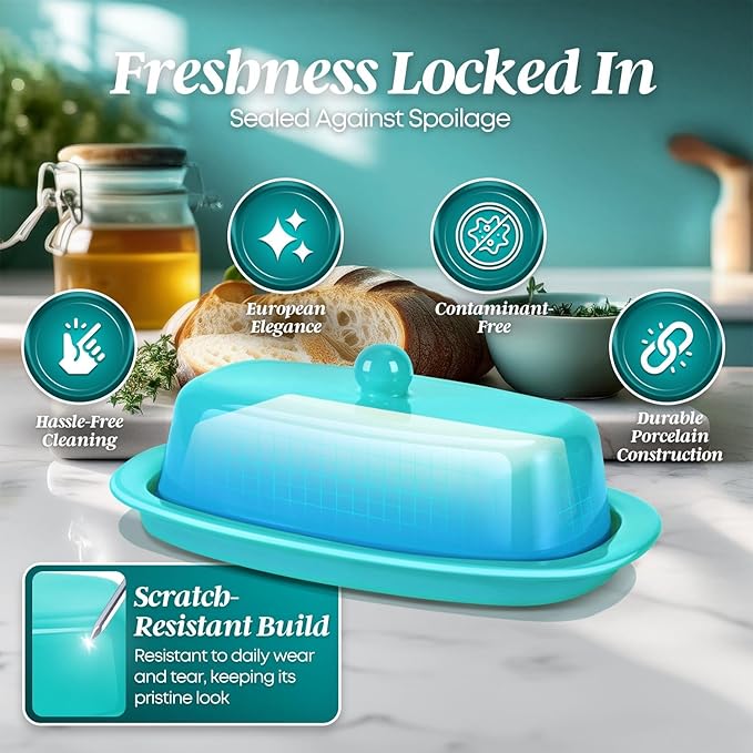 Flexzion Ceramic Blue European Butter Dish with Lid for Countertop (7 Inch) - 1 Stick Butter Holder for Counter, Cream Cheese Container Storage Keeper