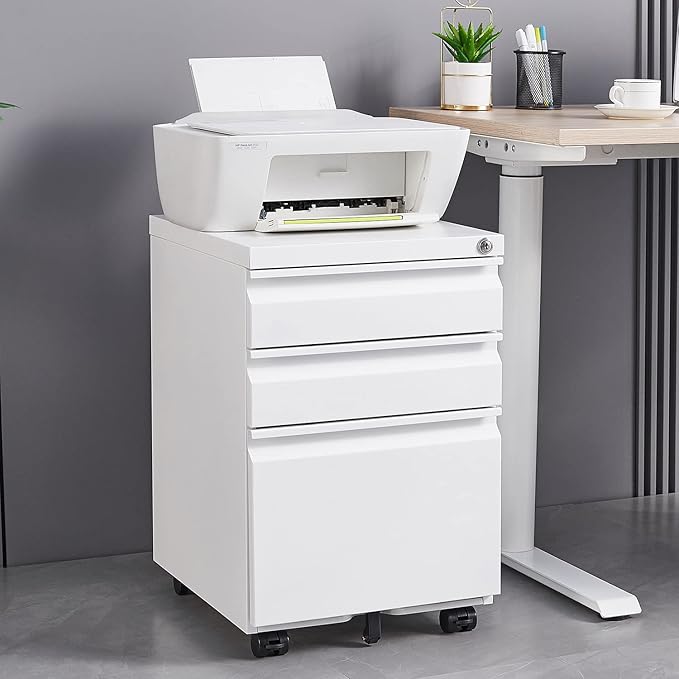 3-Drawer Lockable Mobile File Cabinet – Metal A4/Letter/Legal Size Storage for Home/Office, Pre-Assembled, Space-Saving Under-Desk Cabinet with Wheels (White)