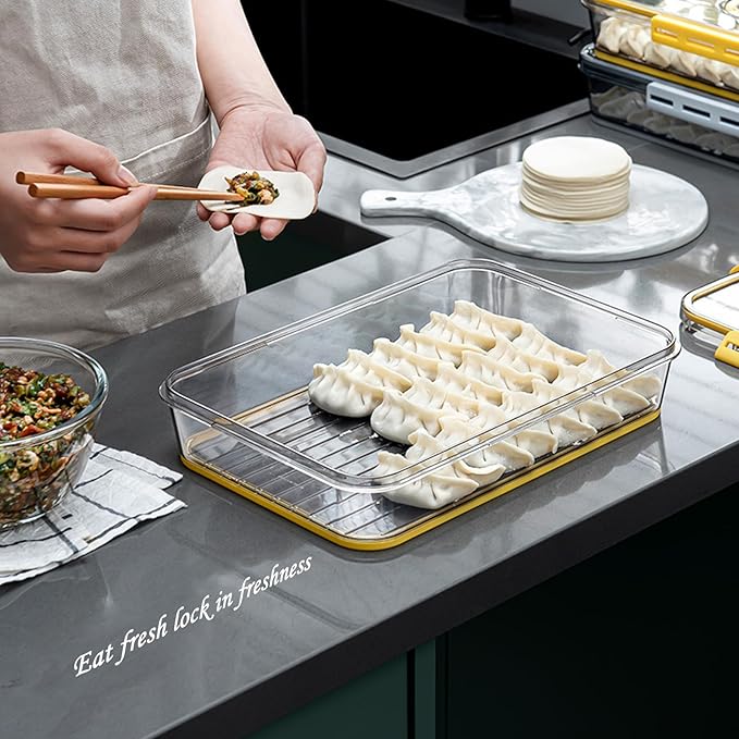 CottonColors Fridge Organizer, Food Storage Containers With Lids for Timer & Drain Board Stackable Refrigerator Organizers and Storage（Short, Large, 2 L, 2 pack）