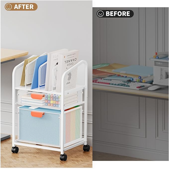 Marbrasse Rolling File Cart with Adjustable Dividers, Mobile File Cabinet on Lockable Wheels, Office Filing Cabinet Organizer, Hanging File Folder Organizer for Home Office - White
