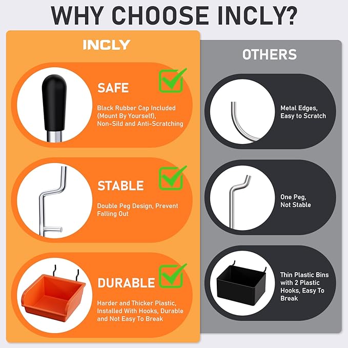 INCLY 280PCS Upgraded Pegboard Accessories Organizer Kit, Peg Board Hooks Assortment with Bins & Cups for Organizing Tools, Fit 1/8 or 1/4 inch Pegboard for Garage Workshop Wall Hanging Tools