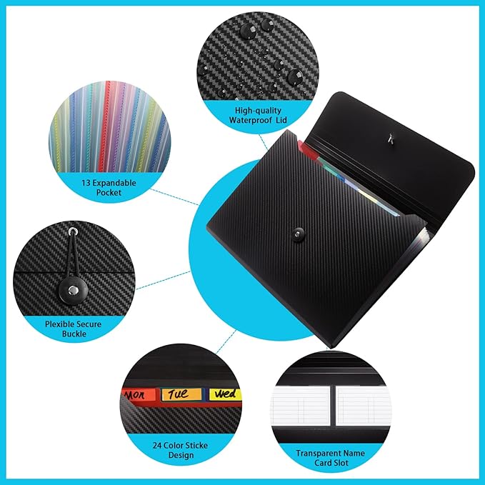 Expanding File Folder with 13 Pockets,Polypropylene, 12.99" x 9.45" x 1.1"for Work, School, Home, Office, Blackwhite(2Pack)
