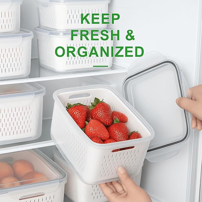 4 Pack Food Storage Containers with Lids – Refrigerator Organizer with Removable Colander & Drain Basket, Airtight Produce Saver for Fruits & Vegetables
