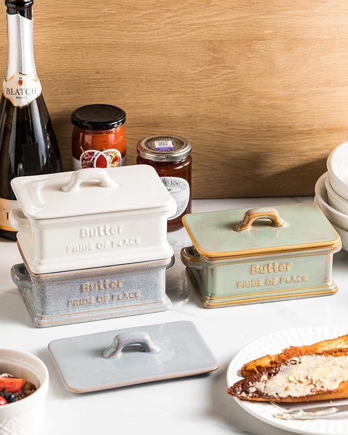 Butter Dish with Lid, Ceramic Butter Dish for Countertop Butter Holder Container Large Butter Keeper for East West Coast Butter, Thanksgiving, Christmas, White