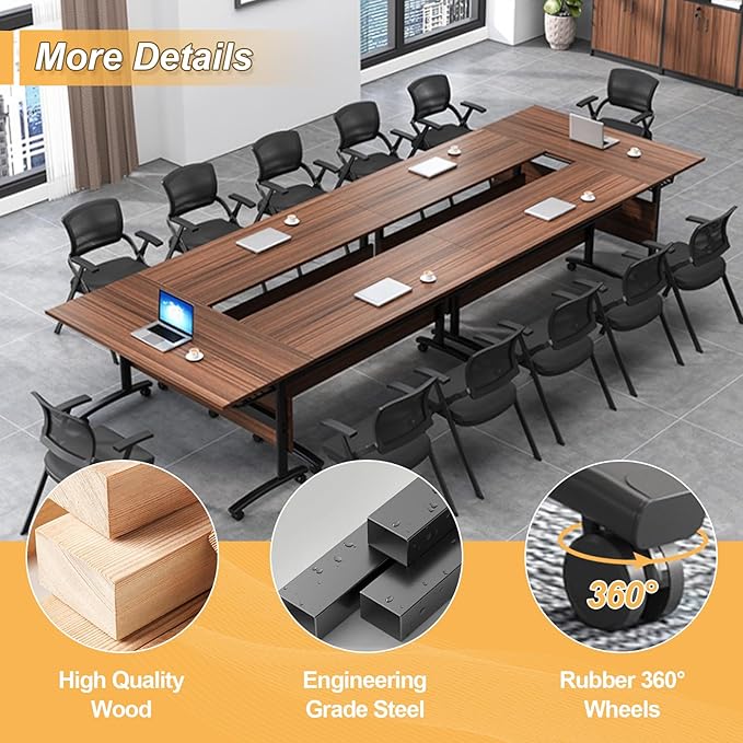 Conference Room Table with Silent Wheels, Mobile Folding Conference Table for 16 Person,Flip Top Office Training Tables with Walnuts Wood Tabletop, for School,Business Meeting Rooms (4 Pack 61in)