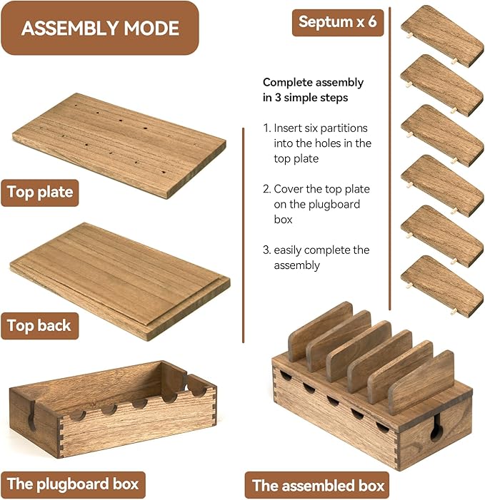 KIRIGEN Wood Charging Station Rack Organizer for Multiple Devices Desktop Organizer with 5 Ports for Cell Phones, Tablets, Earphones Wooden Cable Management DDXH-DBR