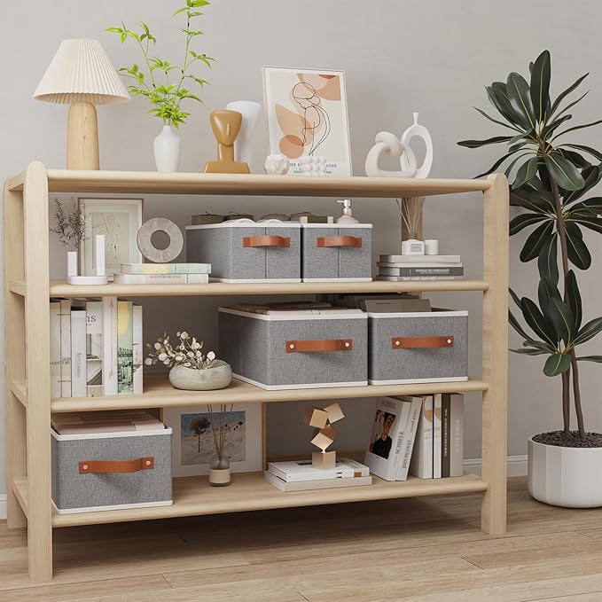 OUTBROS Foldable Bins With Handles, Fabric Storage Boxes, Foldable Bins With Handles, Wardrobe Baskets for Organizing, For bedrooms, living rooms, Shelves, White, 16.1 x 6.5 x 9.8 inch, 6-Pack