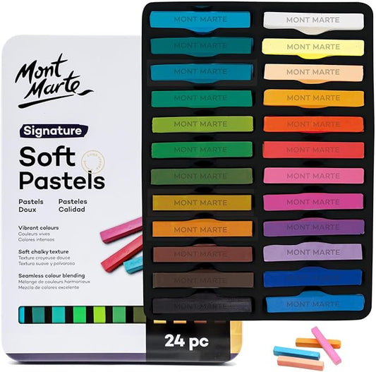 Mont Marte Soft Pastels in Tin Box Signature 24pc, 24 Assorted Colors, Vibrant Pastel Sticks, Great Blending, Comes in Storage Case, Ideal for Art, Craft, Coloring and Sketching