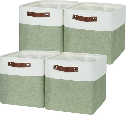 Temary Fabric Storage Bins for Organizing Clothes, Closet Baskets with Handles - Decorative Storage Boxes for Home (White & Green, 12 Inch, 4 Pack)