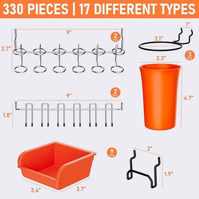 INCLY 330PCS Upgraded Pegboard Accessories Organizer Kit, Peg Board Hooks Assortment with Bins & Cups for Organizing Tools, Fit 1/8 or 1/4 inch Pegboard for Garage Workshop Wall Hanging Tools