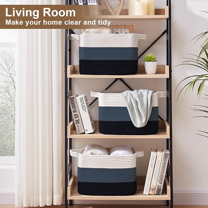 Storage Basket for Organizing, Woven Baskets for Storage, Rectangle Decorative Baskets for Shleves, Closet, Toys, Books, Nursery Organizer Bins - Pack of 3 (Gradient Blue, 13"x9.85"x8.7")