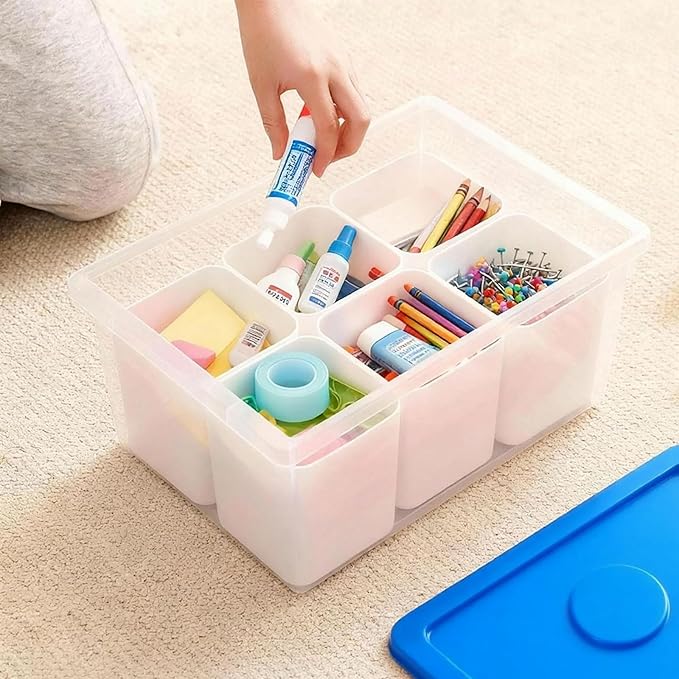 loobuu Plastic Storage Bins with Lids, Art Craft Supply Organizer Box with Brush Pot, Multipurpose Stackable Storage Containers for Organizing Tool, Craft, Crayon,Sewing (Blue)