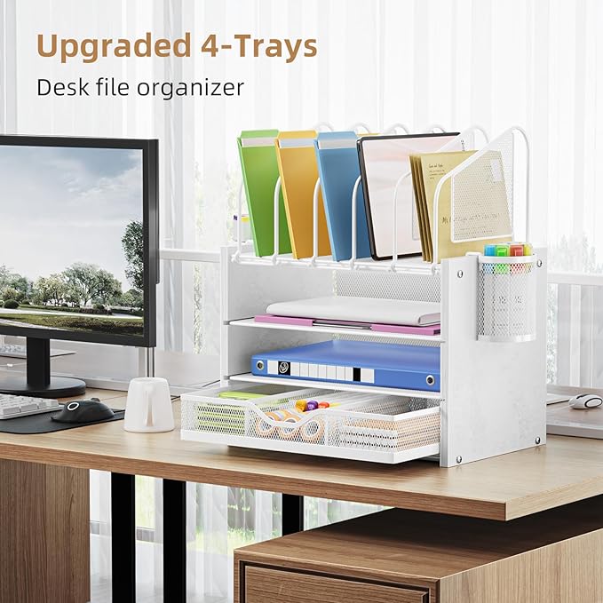 Marbrasse Desk organizer with Drawer, 4-Tier Wooden File Organizer with 5 Vertical File Holders and 2 Pen Holders, Desk Organizers and Accessories for Home Office - White