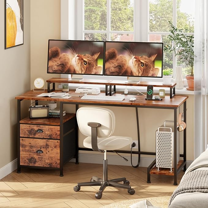 Furologee 55" Computer Desk with File Cabinet and Power Outlets, Home Office Desk with 2 Movable Monitor Stands and Storage Drawer, Writing Table with Shelves and 2 Hooks for Bedroom, Rustic Brown