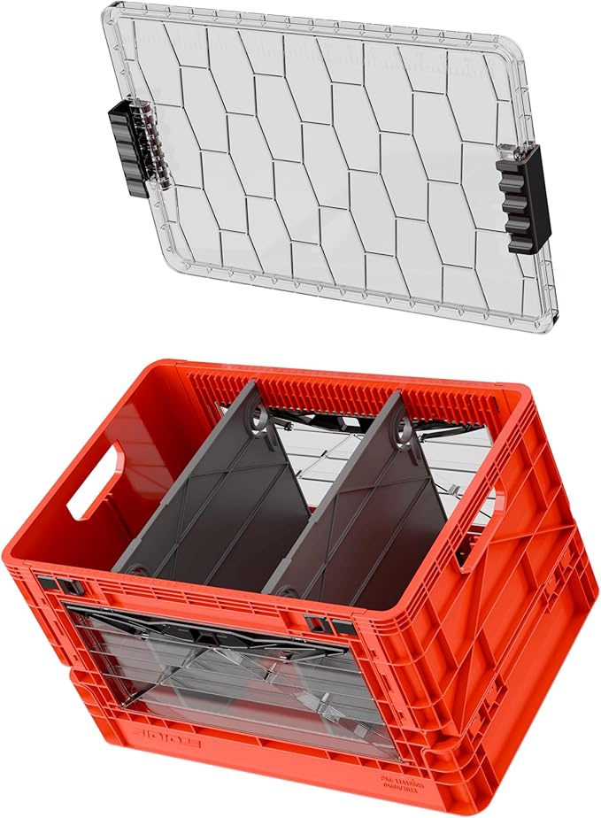 SIDIO Full-Size Collapsible Crate - Heavy Duty Stackable Storage Bin with Lid & 2 Short-Ways Dividers, Durable Plastic Organizer for Home, Office, Garage & Outdoor Use (Red)