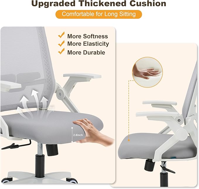 Ergonomic Office Chair Desk Chair with Adjustable Height Mesh Computer Chair Swivel Chair with Flip-up Arms and Lumbar Support Grey