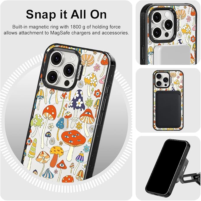 MOSNOVO Magnetic Case for iPhone 15 Pro Max, 10ft Military-Grade Protection, Compatible with Magsafe, Shockproof Phone Case for iPhone 15 Pro Max - Mushroom Art - Clear Black