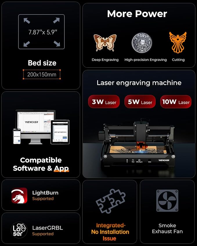 Laser Cutter and Engraver Machine, Woxcker L2 Mini 10W High-Precision No Need Installation for Metal, Wood, Acrylic, Leather, Glass Support Expansion Module (Class 1 Output Wattage: 10000 mW)