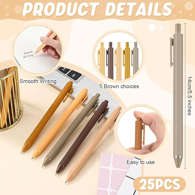 25 Pcs Ballpoint Pens Bulk Retractable Writing 1. 0 mm Black Ink Cute Pens Smooth Writing Color Fancy Gift for Teacher Student Employee Office School Home Baby Shower Supplies (Brown Series)