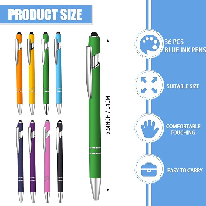 36 Pcs Blue Ink Ballpoint Pen with Stylus 2 in 1 Ballpoint Pen for Touch Screens School Office Coworkers (Multicolor)