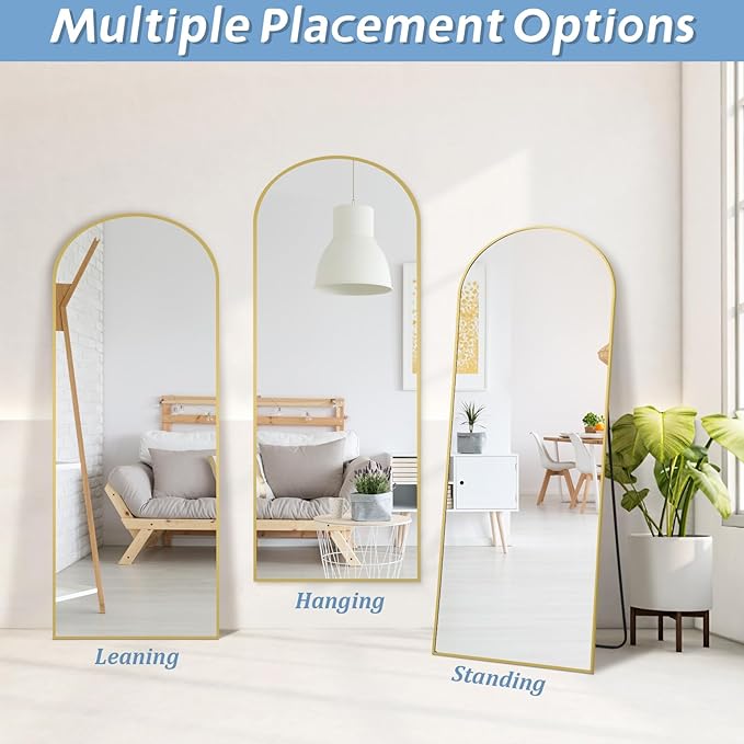 Floor Mirror Full Length, 56"X18" Gold Arch Full Length Body Mirror Wall Mounted with Thin Aluminum Frame, Tempered Glass Long Standing Mirror for Bedroom Living Room Dorm