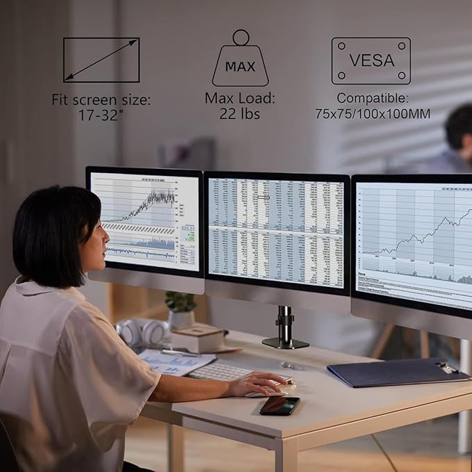 suptek Triple Monitor Mount for Most 17 to 32 inch Screens,Gas Springs Adjustment Triple Monitor Desk Mount Stand with Clamp & Grommet Kit,Black(MD8003)