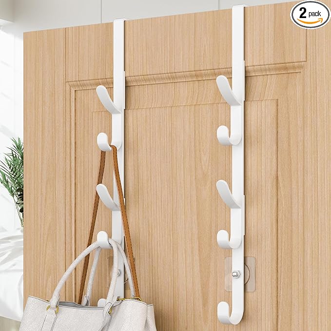 Over The Door Hooks, Metal Door Hooks for Hanging, Over The Door Purse Organizer for Door Coat Hanger, Back of Shower for Hanging Towel Rack Clothes, Hat, Bathroom, Closet (White-2Packs)