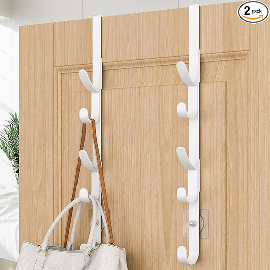 Over The Door Hooks, Metal Door Hooks for Hanging, Over The Door Purse Organizer for Door Coat Hanger, Back of Shower for Hanging Towel Rack Clothes, Hat, Bathroom, Closet (White-2Packs)