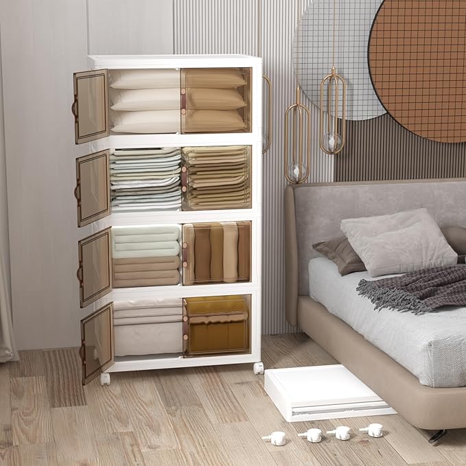 Extra Large Stackable Storage Bins with Lids & Wheels, Foldable Collapsible Closet Organizers Storage Cabinet with Doors for Bedroom Dorm (White, 672QT-168QT/42GAL*4Pack)