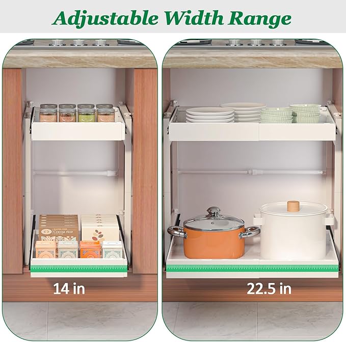 REALINN 2 Tier Pull Out Cabinet Organizer, 21 inch Depth Slide Out Shelves, Expandable 14"-22.5" Wide Heavy-Duty Cabinet Drawers for Kitchen Pots, Pans & Pantry Storage, White