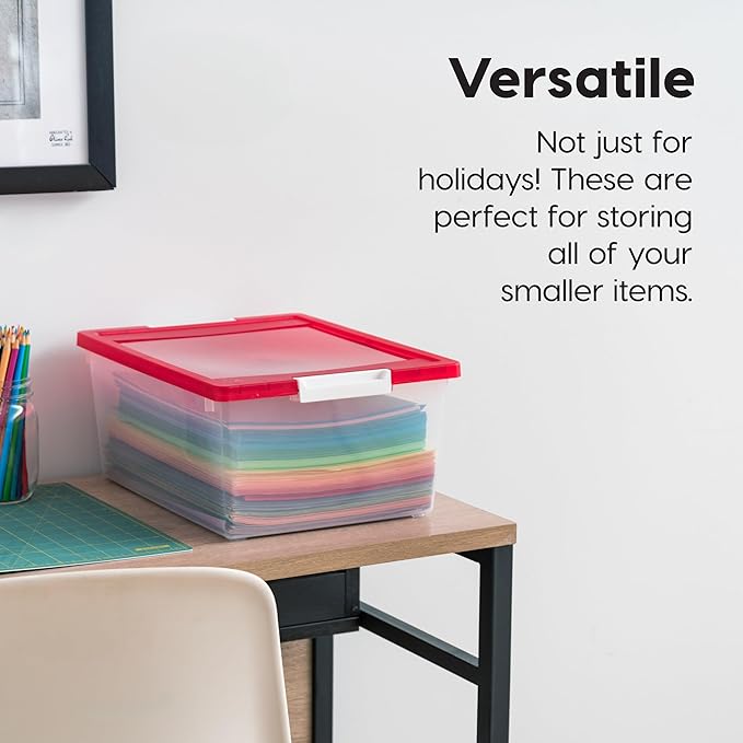 IRIS USA 12 Qt. Plastic Storage Bins Containers with Lids, 4 Pack, Sensory Bin, Craft Storage, Craft Organizers and Storage, Organizing Container for Home, Office School Supplies, Stackable, Clear/Red