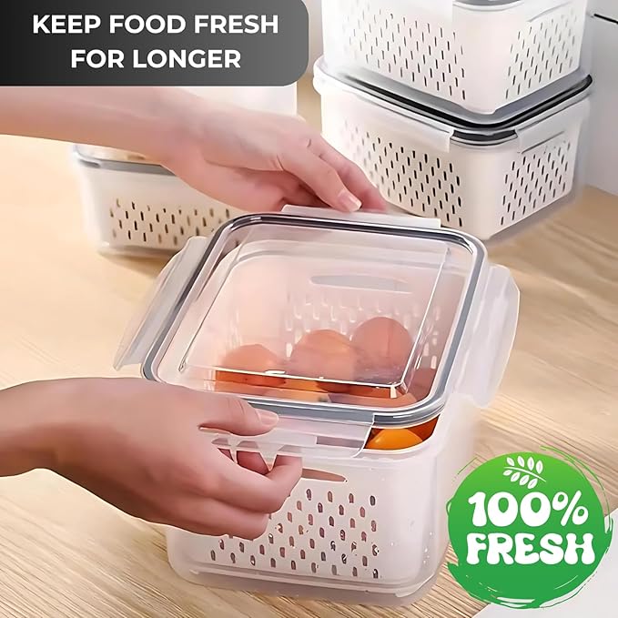 4 PCS Fruit Containers for Fridge, Leakproof fruit storage containers for fridge with Removable Colander
