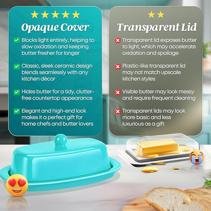 Flexzion Ceramic Blue European Butter Dish with Lid for Countertop (7 Inch) - 1 Stick Butter Holder for Counter, Cream Cheese Container Storage Keeper