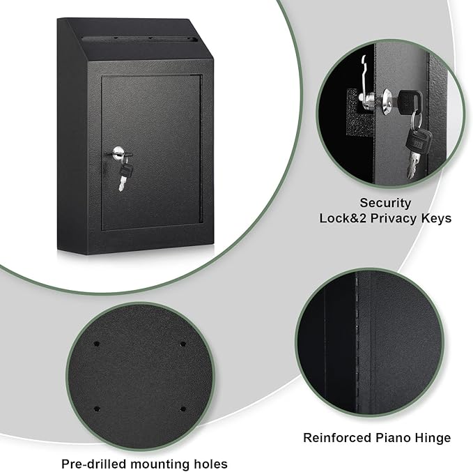 xydled Wall-Mount Mailbox,Heavy Duty Deposit Drop Box, Locking Metal Key Drop Box Suggestion Box with Key Lock,Secured Safe Storage Box Postbox for Home&Business Use,15x12x4 Inch,Black