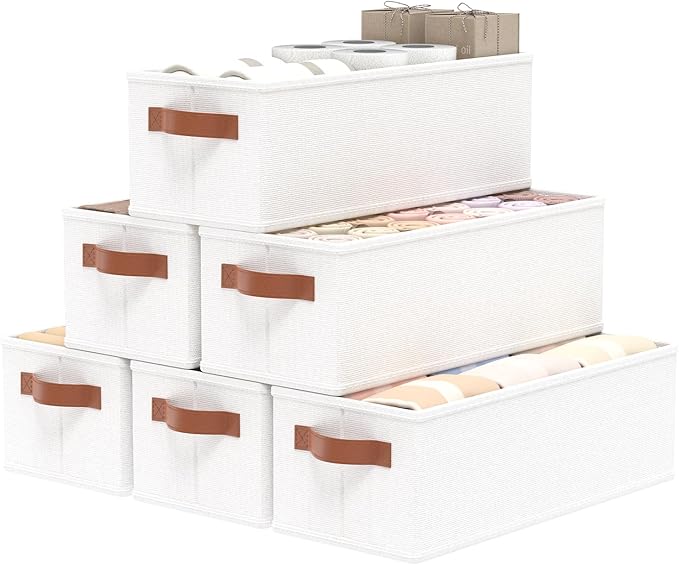 OUTBROS Storage Boxes, Fabric Bins With Handles, Foldable Baskets for Organizing, For bedrooms, living rooms, Shelves, White, 15 x 6.1 x 5.1 inch, 6-Pack