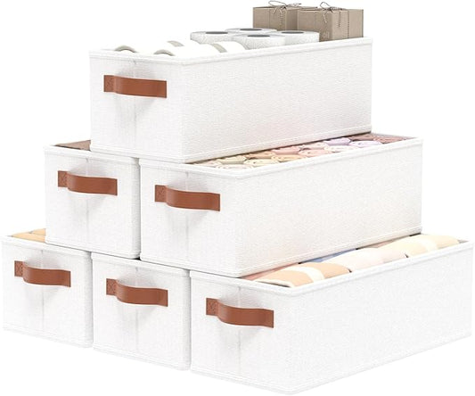 OUTBROS Storage Boxes, Fabric Bins With Handles, Foldable Baskets for Organizing, For bedrooms, living rooms, Shelves, White, 15 x 6.1 x 5.1 inch, 6-Pack