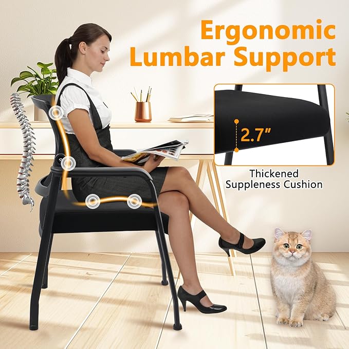 Desk Chair No Wheels with Adjustable Mesh Backrest, Arm Chair with Ergonomic Lumbar Support and Thickened Seats Cushion, Waiting Room Chairs for Office School Church Guest Reception, 4PACK