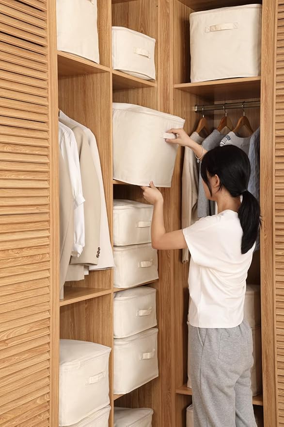 Decorative Basket Rectangular Fabric Storage Bin Organizer Basket with Handles for Clothes Storage (14.9 x 10.6 x 10.6, Beige)