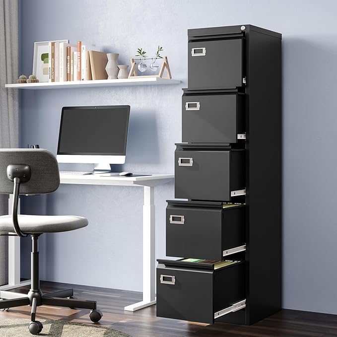 5-Drawer File Cabinet, 16.3" Deep Vertical Metal Filing Cabinet with Lock for Home Office, Anti-Tip 5 Storage Drawers for Letter/Legal/A4/F4 Size (Assemble Required, Black)
