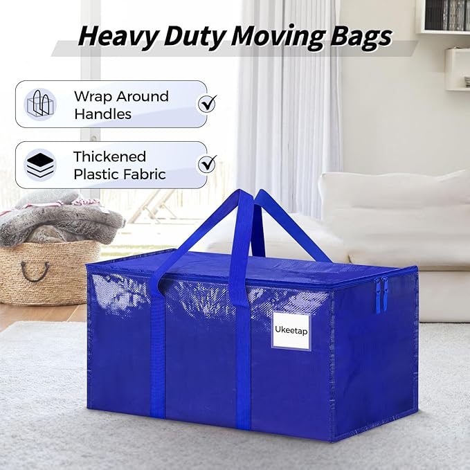 8 Pack Extra Large Heavy Duty Moving Bags, Blue Storage Bins with Lids, Reinforced Handles & Heavy-Duty Zippers Moving Boxes Storage Bags Totes for Clothes Packing, Dorms, College Supplies, Blue