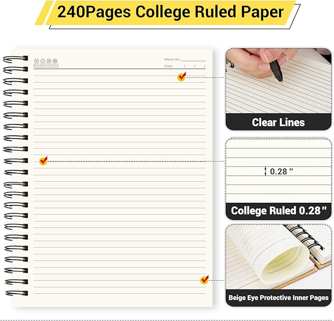 EUSOAR College Ruled Notebook, 1 Pack A4 8.3"x11.2" Hardcover Spiral Lined Journal Writing Pads, 240 Pages(120 Sheets) Professional Notebook for DIY Note Taking School Business Work Office Diary