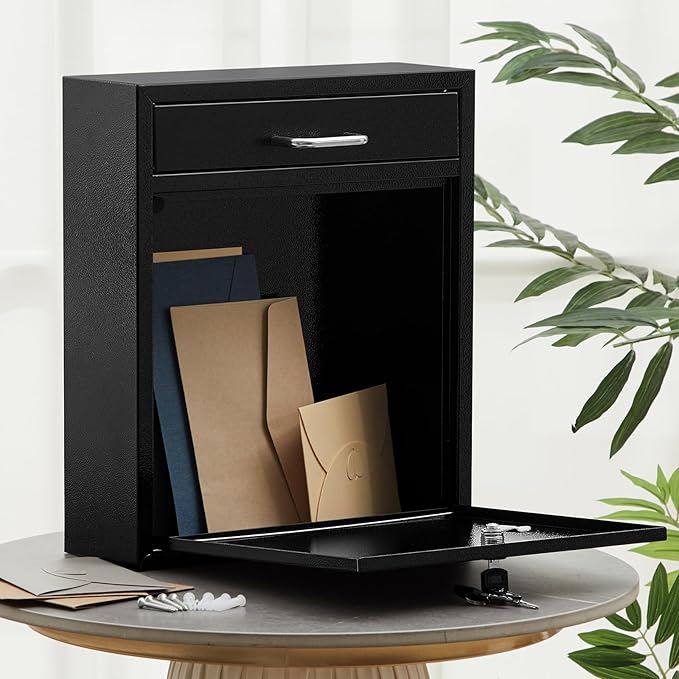 Locking Mailbox with Key for Outdoor 14 x 12 x 4 Inches Large Wall Mount Mail Box with Lock Security Mail Drop Metal Collection Boxes Hanging Secure Postbox (Black)