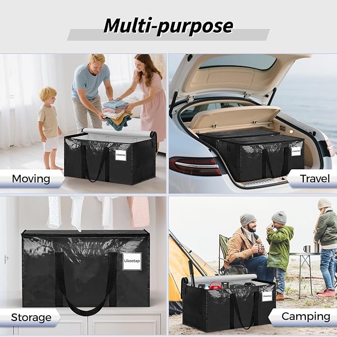 16 Pack Extra Large Heavy Duty Moving Bags, Black Storage Bins with Lids, Reinforced Handles & Heavy-Duty Zippers Moving Boxes Storage Bags Totes for Clothes Packing, Dorms, College Supplies, Black