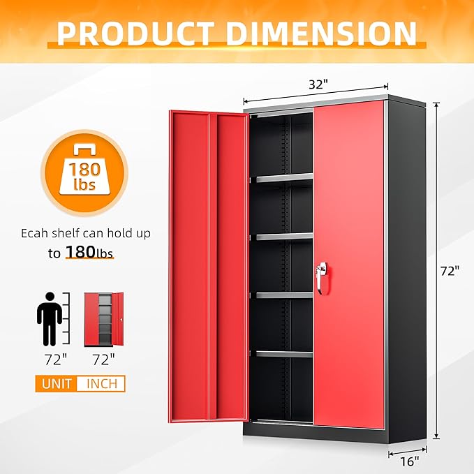 INTERGREAT Garage Storage Cabinet with Lockable Door, 72" H Metal Locking Cabinets with 4 Adjustable Shelves,Black Red Steel Cabinets Storage for Home Office, Warehouse，School