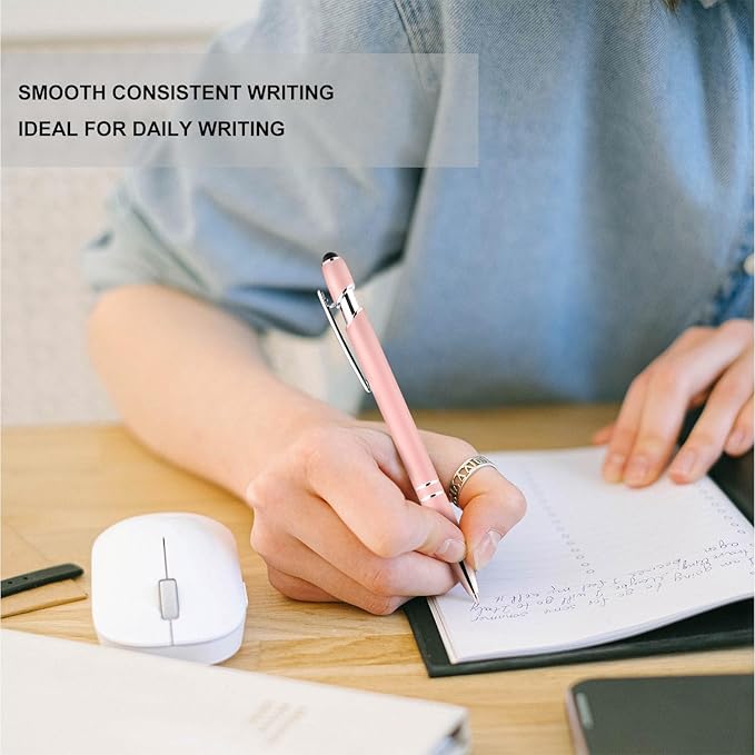 LINFANC 12 Pack Morandi Ballpoint Pen with Stylus Tip, 1.0 mm Black Ink Smooth Writing Pens, Metal Stylus Pens for Touch Screens