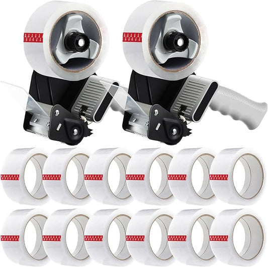 2 Pack Packing Tape Dispenser Gun with 12 Roll Packing Tape 2 Inch Gun 2.7 Mil Heavy Duty Packaging for Shipping, Moving, Carton and Box Sealing(Black)